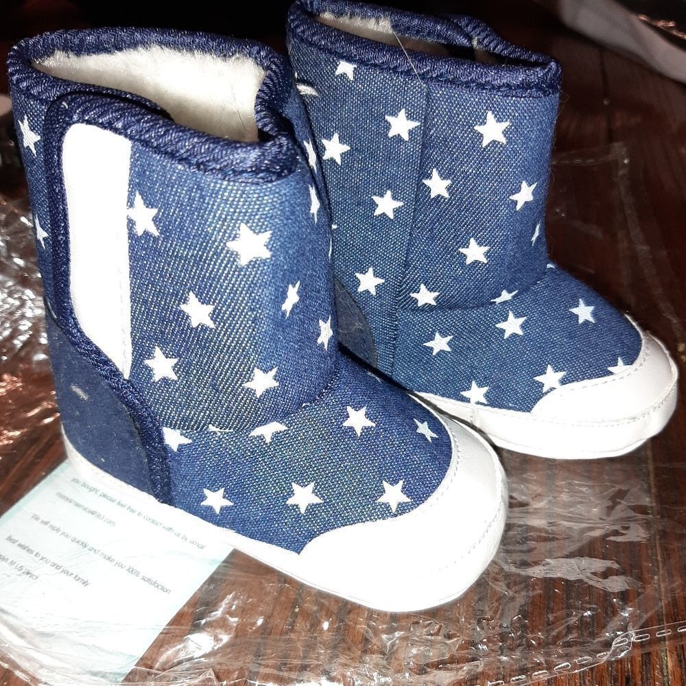 New Infant Size 2 Blue White Star Boots Booties Ankle Boots Faux Fur Lin…